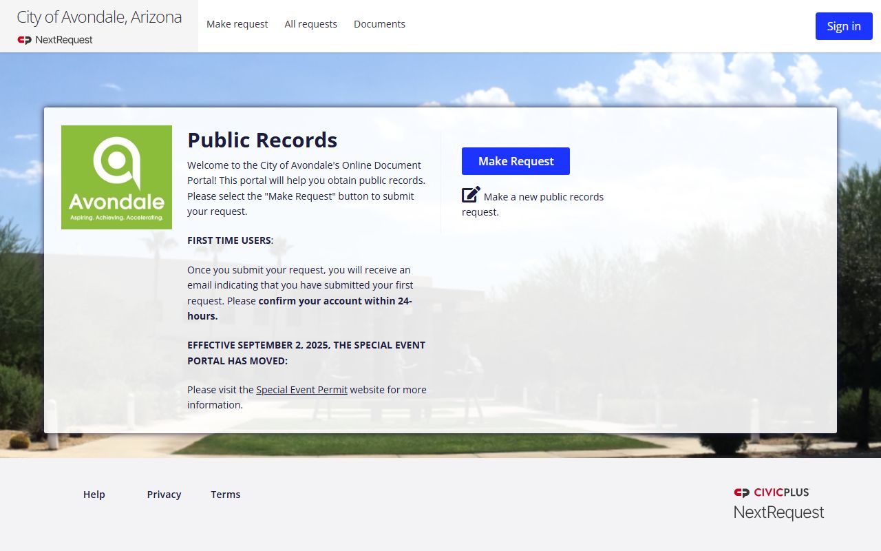 Avondale Arizona public records request portal through NextRequest for phone directory lookups