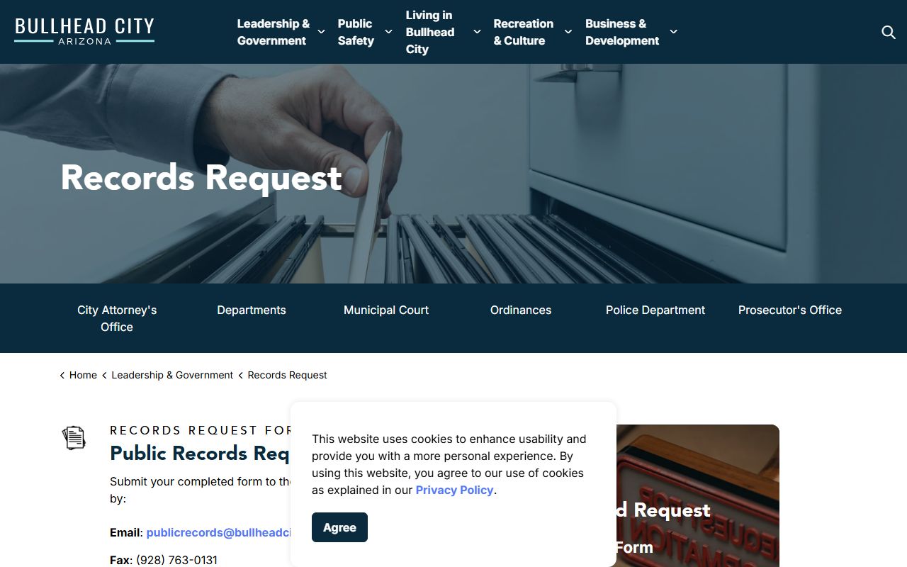 Bullhead City Arizona records request page for phone directory searches