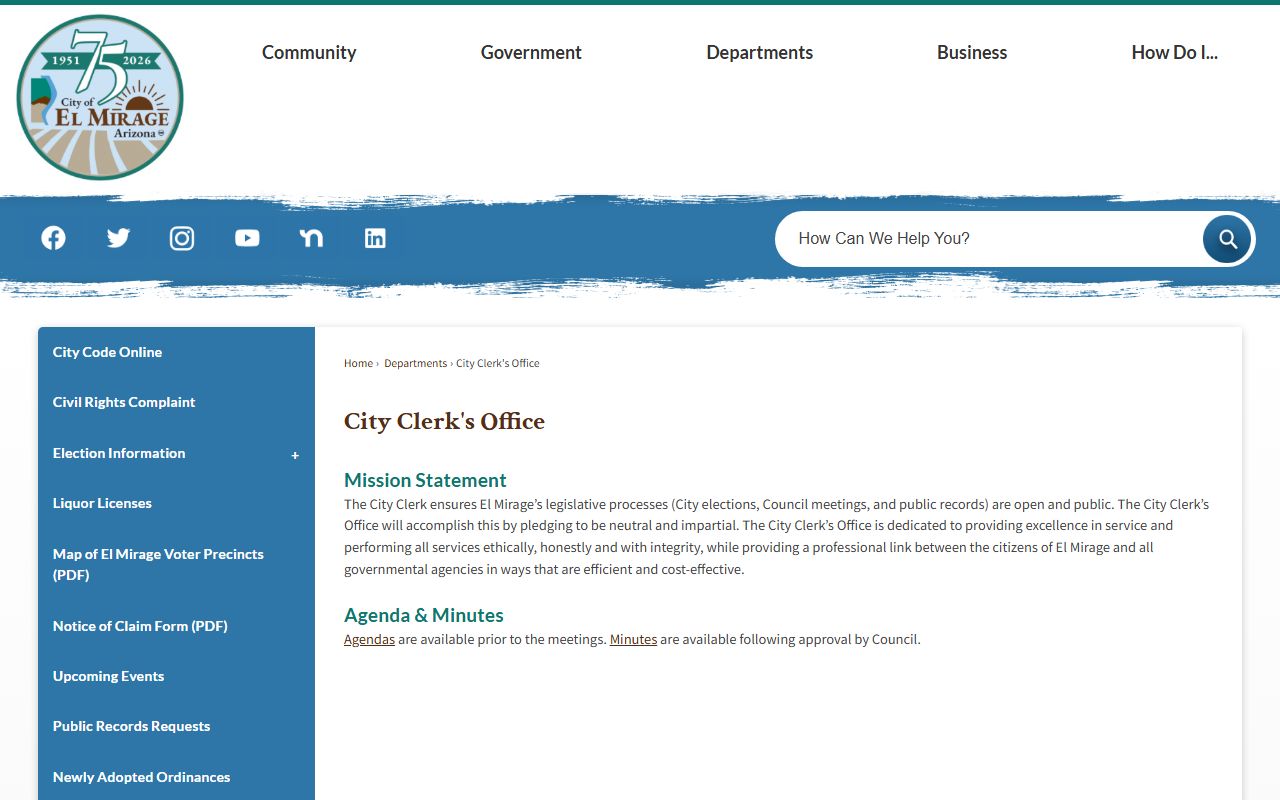 El Mirage Arizona City Clerk office for phone directory and public records requests