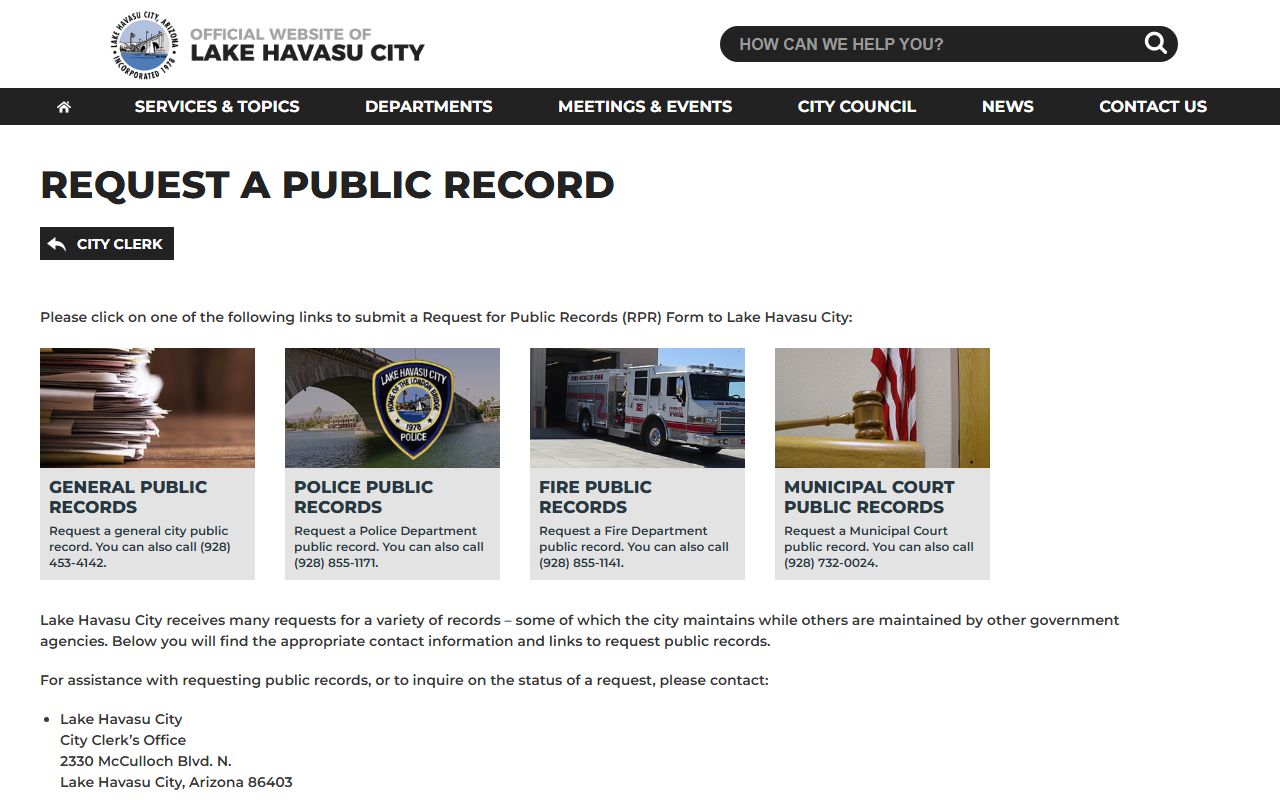 Lake Havasu City Arizona public records portal for phone directory searches