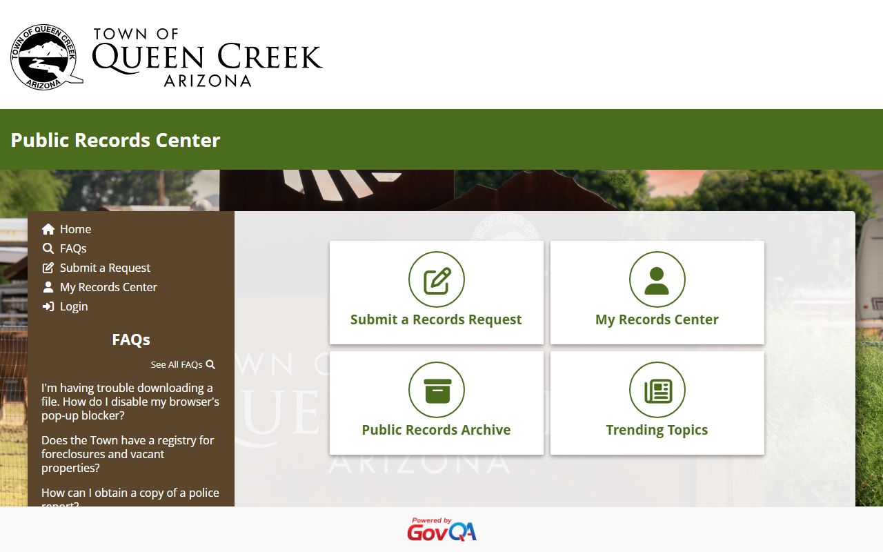 Queen Creek Arizona public records portal through GovQA for phone directory searches