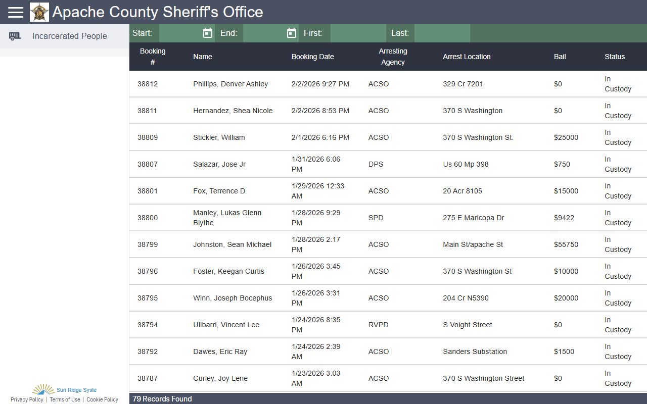 Apache County Sheriff inmate search portal