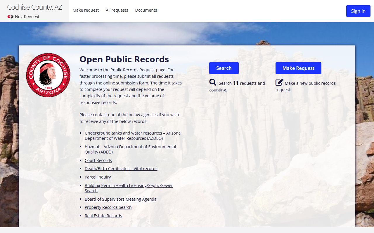 Cochise County public records request portal on NextRequest