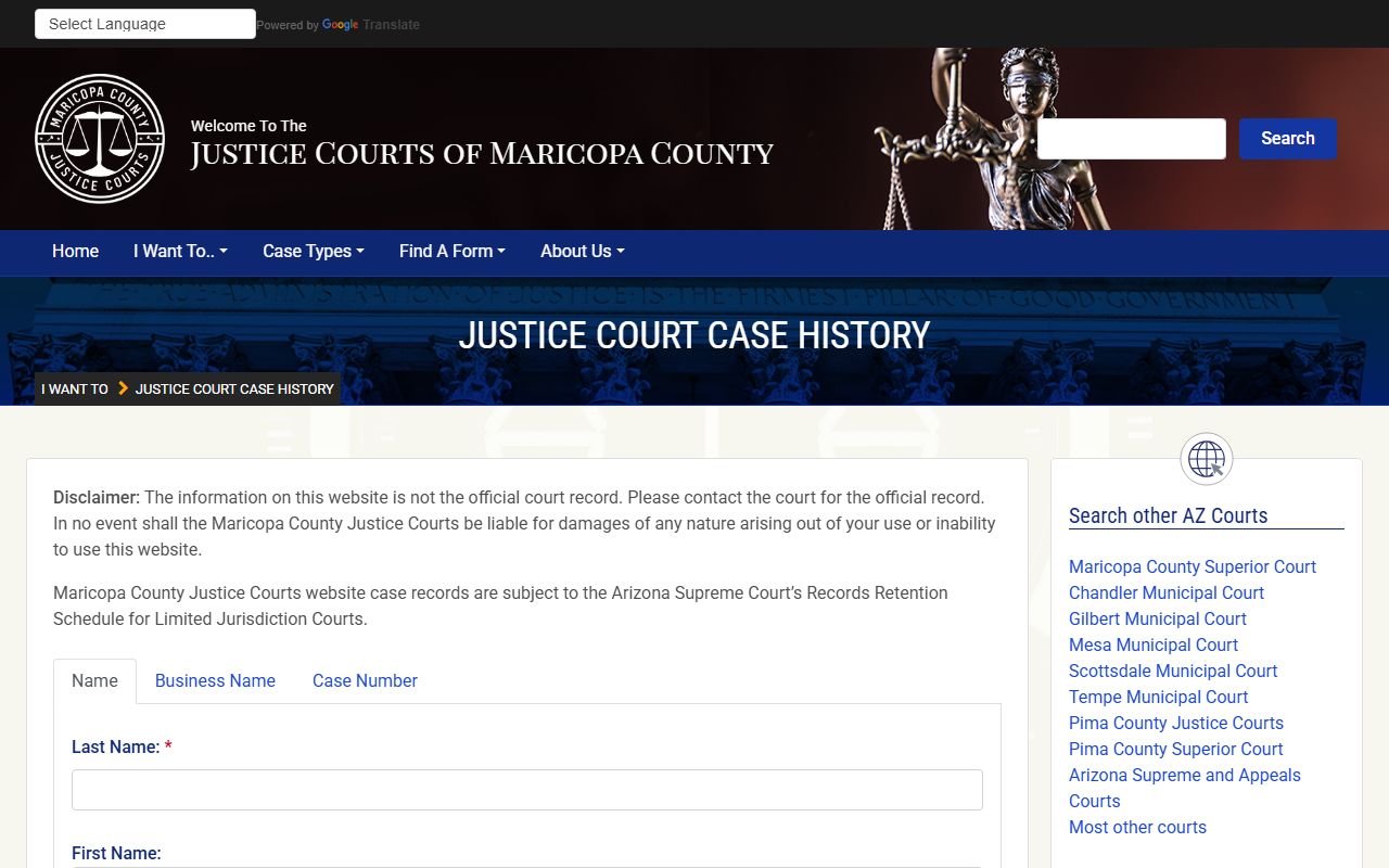 Maricopa County Justice Court case search portal