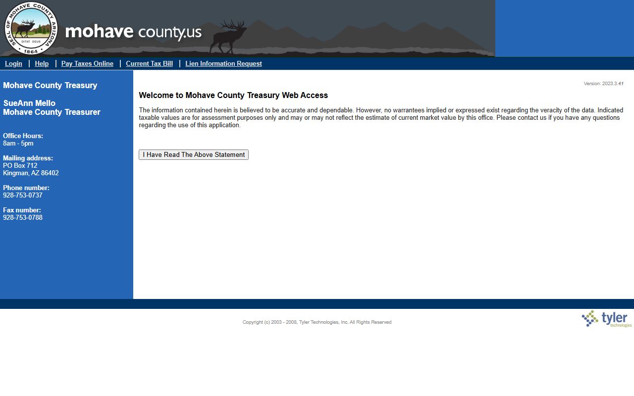 Mohave County Treasurer tax portal with property owner details