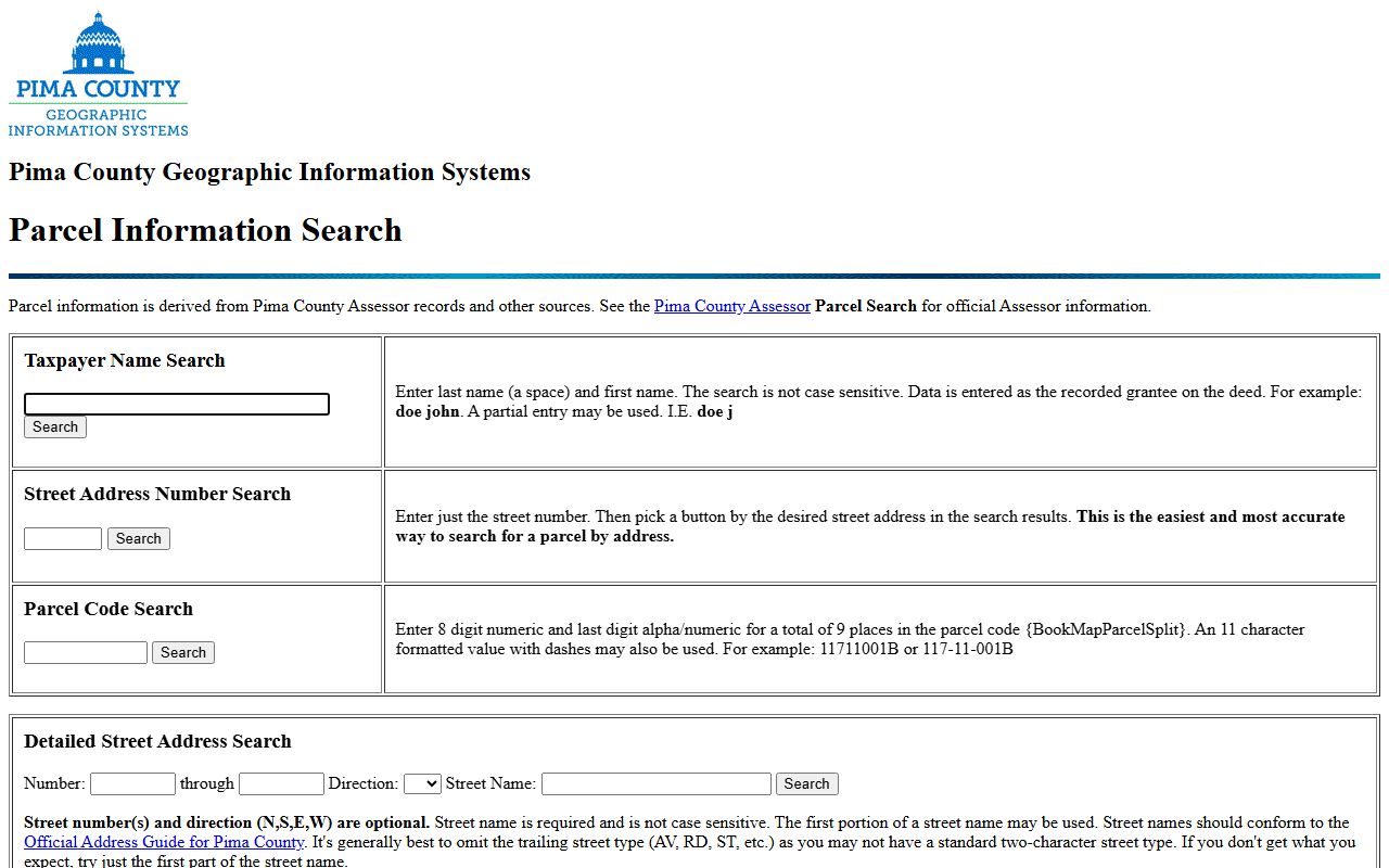 Pima County parcel search for property owner contact information