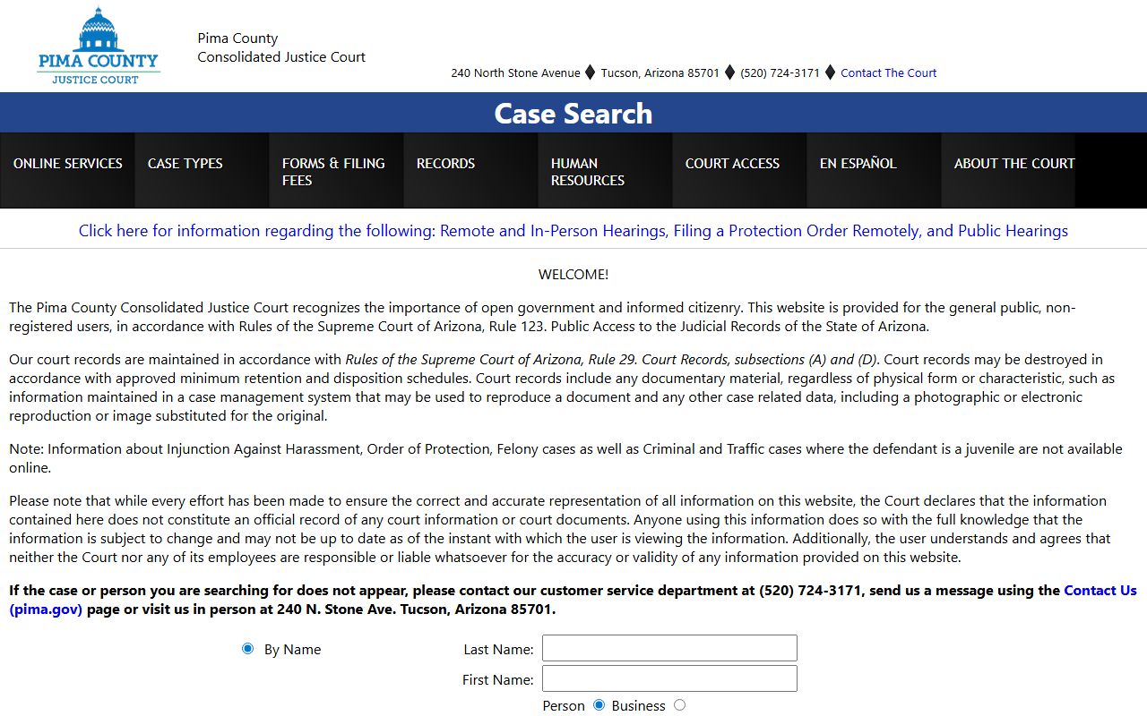 Pima County Justice Court case search for phone directory information