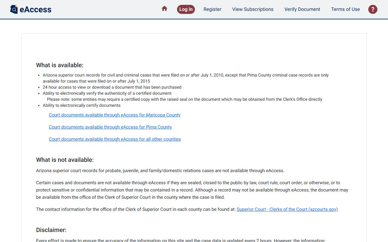 Arizona eAccess court records portal showing search fees and options